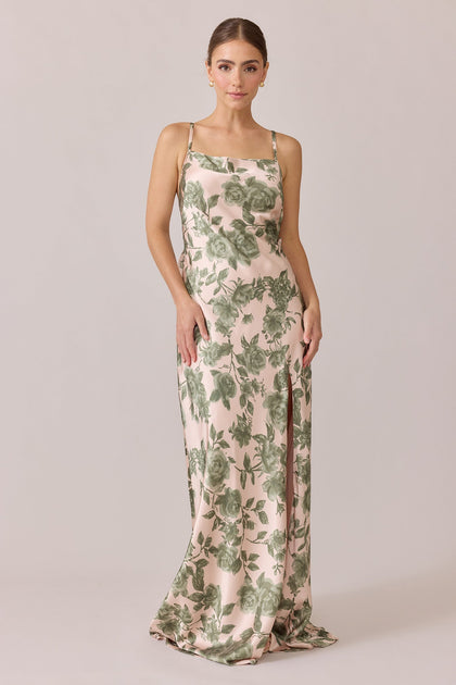 Steph Satin Floral Print Dress | Made To Order | Moss Garden