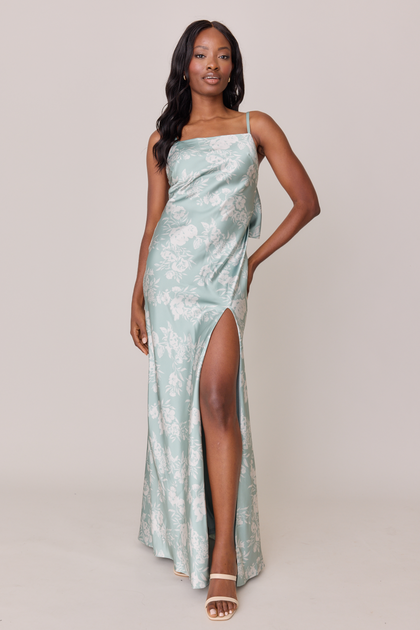 Steph Satin Floral Print Dress | Made To Order | Sage and Champagne Bouquet