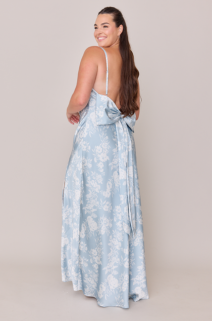Steph Satin Floral Print Dress | Made To Order | Sky Blue Bouquet