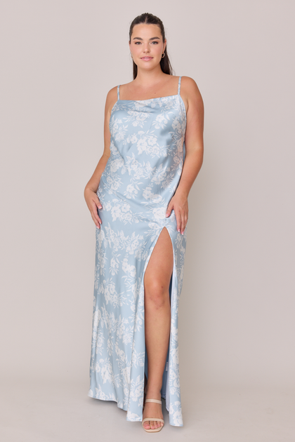 Steph Satin Floral Print Dress | Made To Order | Sky Blue Bouquet