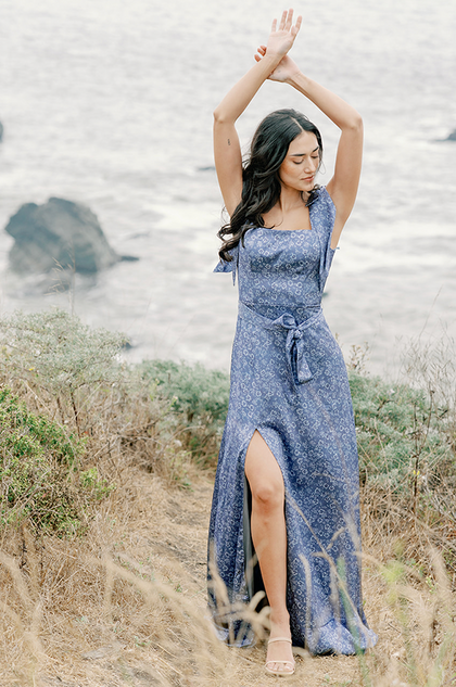 Stevie Satin Floral Print Dress | Made To Order | Dusty Blue Posey