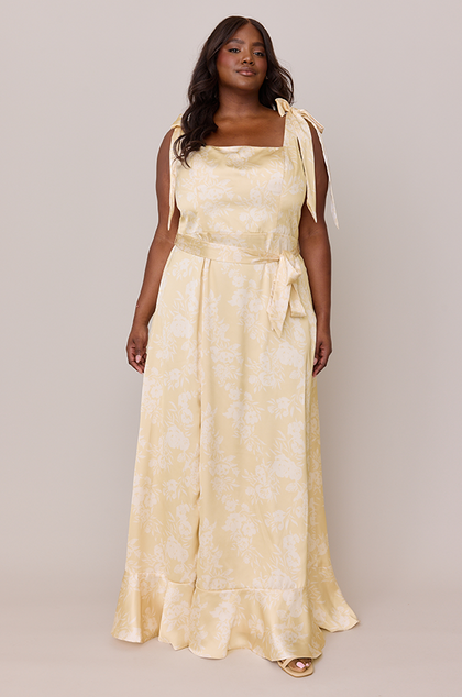 Stevie Satin Floral Print Dress | Made To Order | Pale Yellow Bouquet