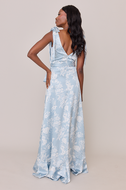 Stevie Satin Floral Print Dress | Made To Order | Sky Blue Bouquet