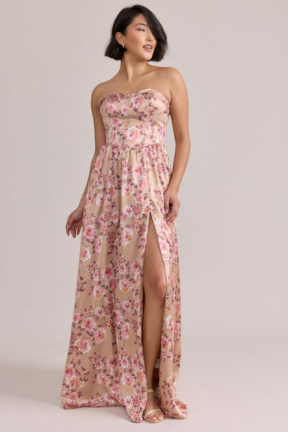 Sydney Satin Floral Print Dress | Made To Order | Honey Beige Blossom