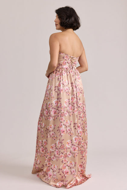 Sydney Satin Floral Print Dress | Made To Order | Honey Beige Blossom