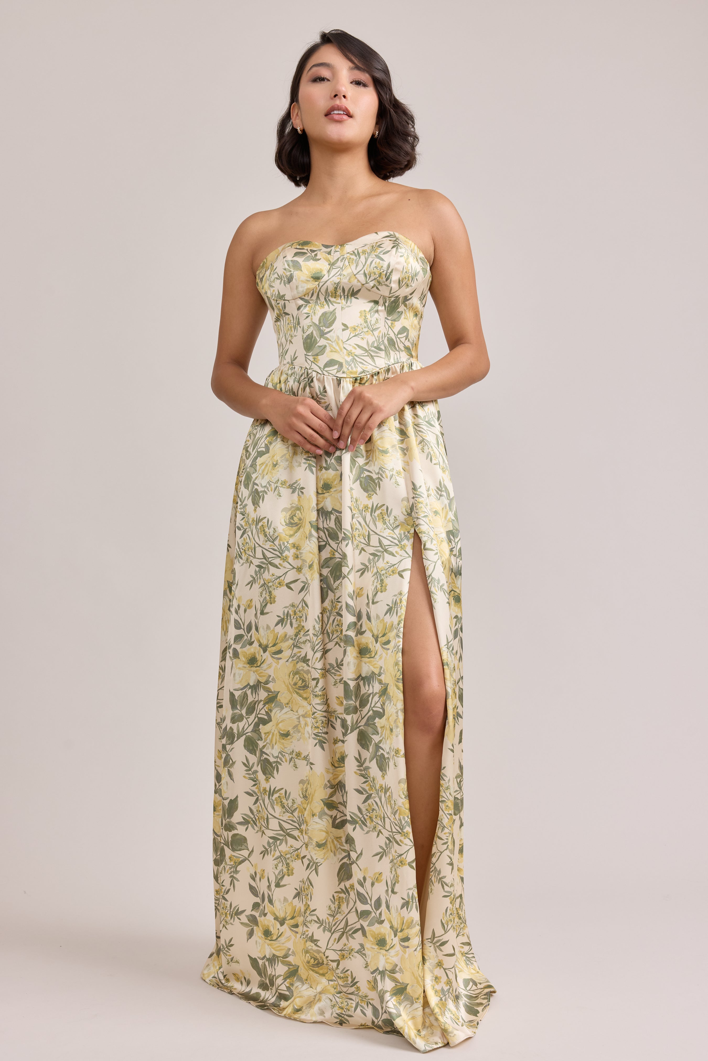 Sydney Satin Floral Print Dress | Made to Order Pale Yellow Meadow Blooms Sydney Satin Floral Print Dress | Made to Order Pale Yellow Meadow Blooms