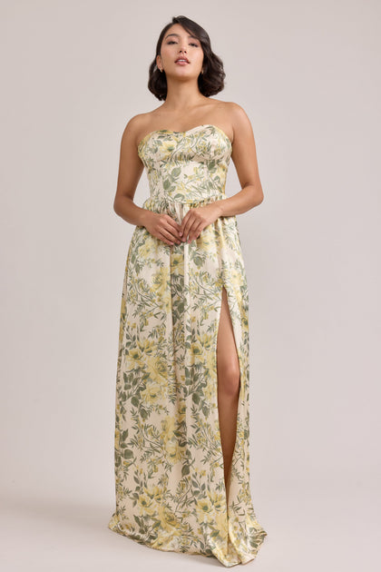 Sydney Satin Floral Print Dress | Made To Order | Pale Yellow Meadow Blooms