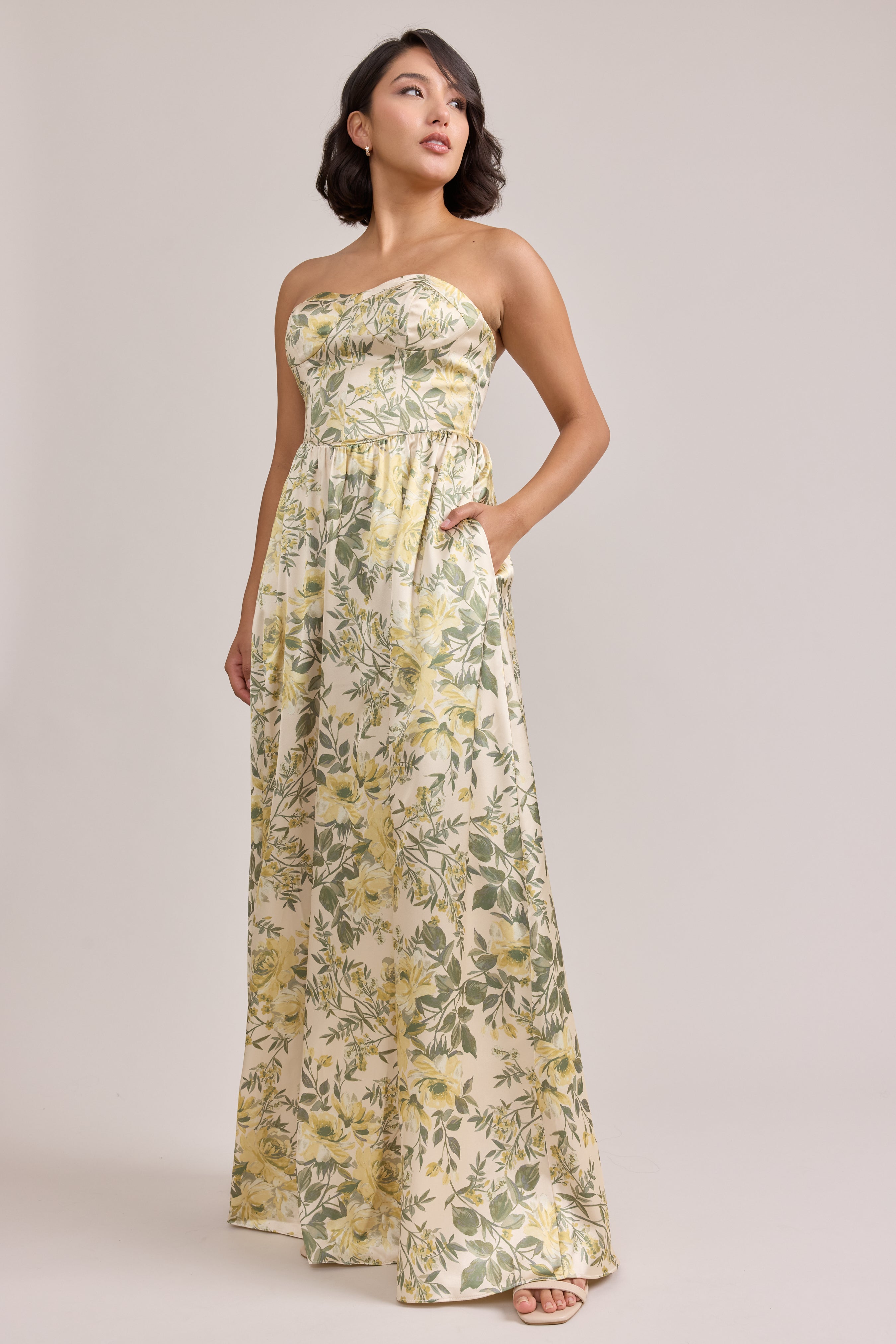 satin floral dress long Bow One-Shoulder Full A-Line Floral Satin Maxi Dress