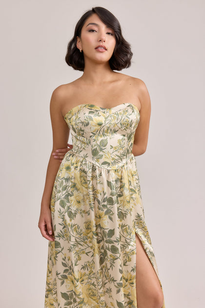 Sydney Satin Floral Print Dress | Made To Order | Pale Yellow Meadow Blooms