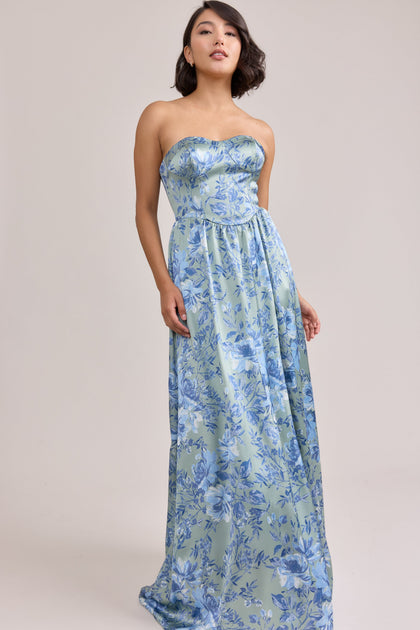 Sydney Satin Floral Print Dress | Made To Order | Sage and Sky Blue Meadow Blooms