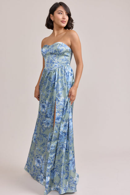Sydney Satin Floral Print Dress | Made To Order | Sage and Sky Blue Meadow Blooms