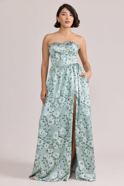 Sydney Satin Floral Print Dress | Made To Order | Sage Blossom