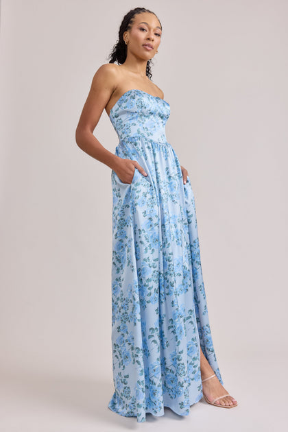 Sydney Satin Floral Print Dress | Made To Order | Sky Blue Blossom