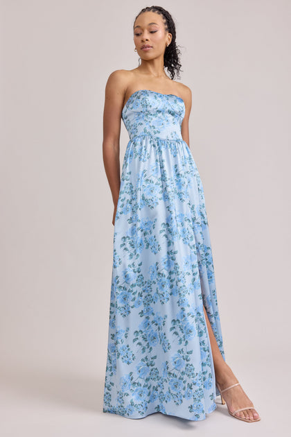 Sydney Satin Floral Print Dress | Made To Order | Sky Blue Blossom