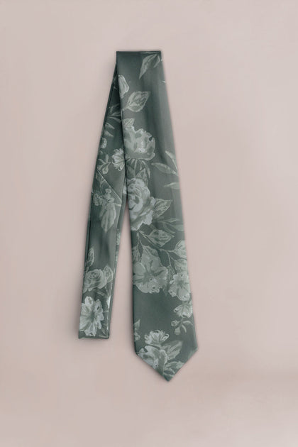 Satin Floral Print Tie | Made To Order | Olive Bouquet