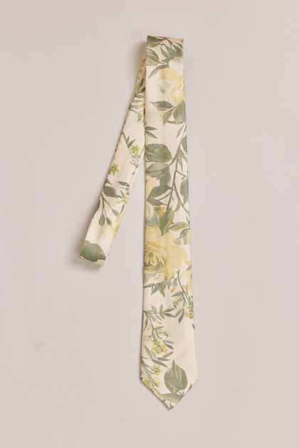Satin Floral Print Tie | Made To Order | Pale Yellow Meadow Blooms