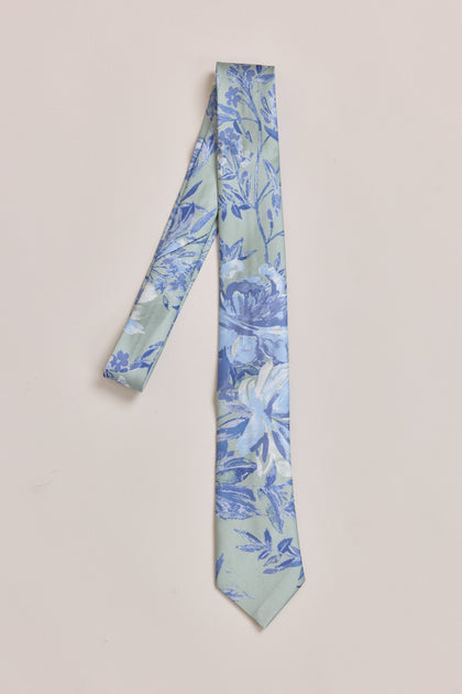Satin Floral Print Tie | Made To Order | Sage and Sky Blue Meadow Blooms