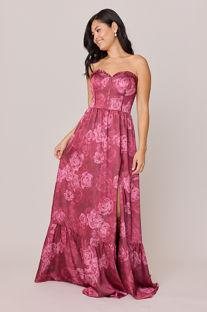 Valentina Satin Floral Print Dress | Made To Order | Berry Botanical
