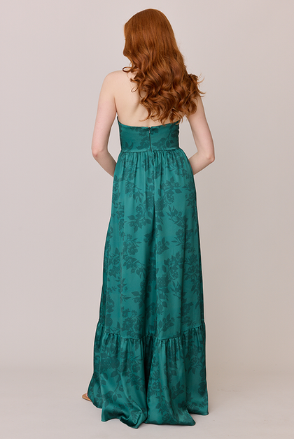 Valentina Satin Floral Print Dress | Made To Order | Classic Emerald Bouquet