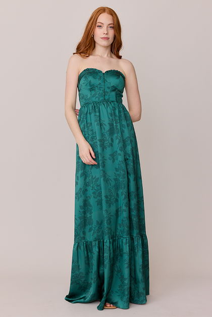 Valentina Satin Floral Print Dress | Made To Order | Classic Emerald Bouquet