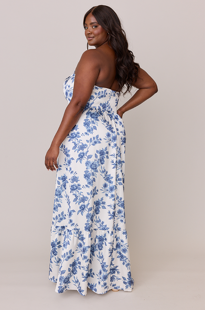 Valentina Satin Floral Print Dress | Made To Order | Dusty Blue Bouquet