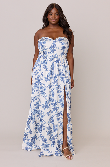Valentina Satin Floral Print Dress | Made To Order | Dusty Blue Bouquet