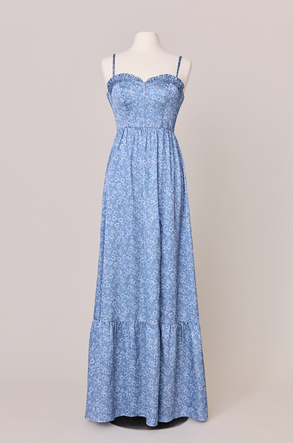 Valentina Satin Floral Print Dress | Made To Order | Dusty Blue Posey