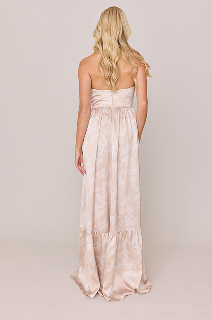 Valentina Satin Floral Print Dress | Made To Order | Gold Champagne Bouquet