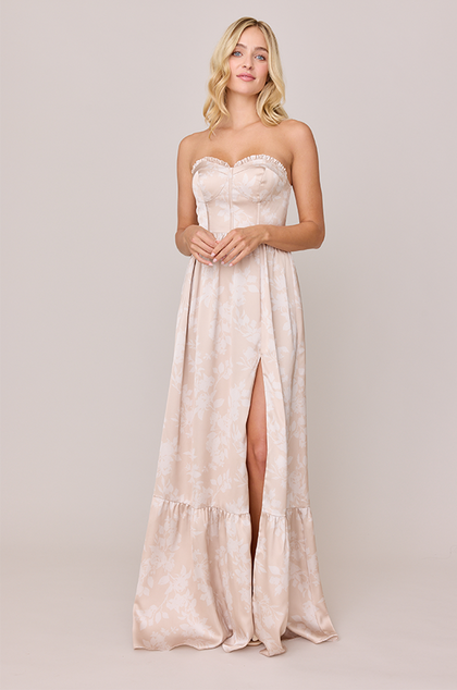 Valentina Satin Floral Print Dress | Made To Order | Gold Champagne Bouquet