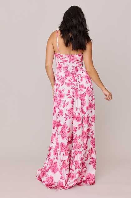 Valentina Satin Floral Print Dress | Made To Order | Hot Pink Garden