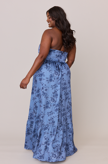 Valentina Satin Floral Print Dress | Made To Order | Indie Blue Bouquet