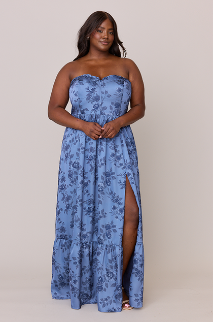 Valentina Satin Floral Print Dress | Made To Order | Indie Blue Bouquet