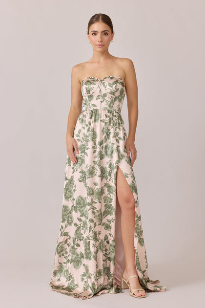 Valentina Satin Floral Print Dress | Made To Order | Moss Garden