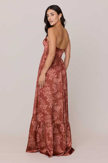 Valentina Satin Floral Print Dress | Made To Order | Rust Bouquet