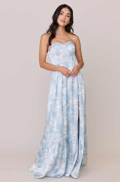 Valentina Satin Floral Print Dress | Made To Order | Sky Blue Bouquet
