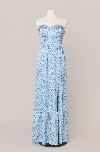 Valentina Satin Floral Print Dress | Made To Order | Sky Blue Posey