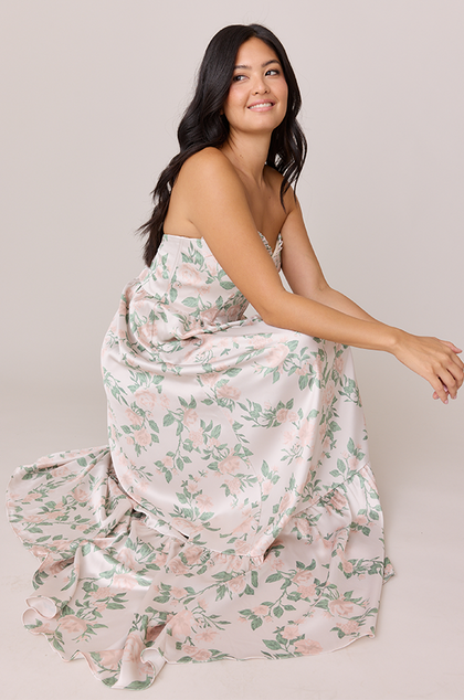Valentina Satin Floral Print Dress | Made To Order | Soft Champagne Bouquet