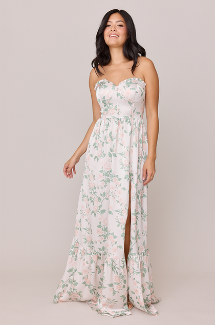 Valentina Satin Floral Print Dress | Made To Order | Soft Champagne Bouquet