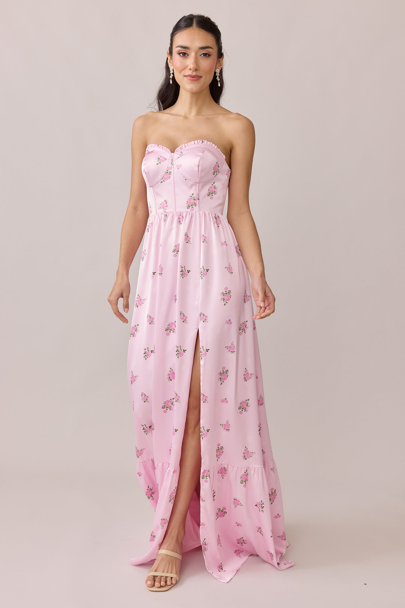 Valentina Satin Floral Print Dress | Made To Order Baby Pink Petit Rose Valentina Satin Floral Print Dress | Made To Order Baby Pink Petit Rose