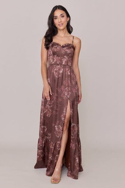 Valentina Satin Floral Print Dress | Made To Order | Mahogany Blooms