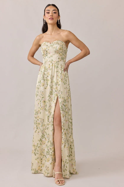 Valentina Satin Floral Print Dress | Made To Order | Pale Yellow Blossom