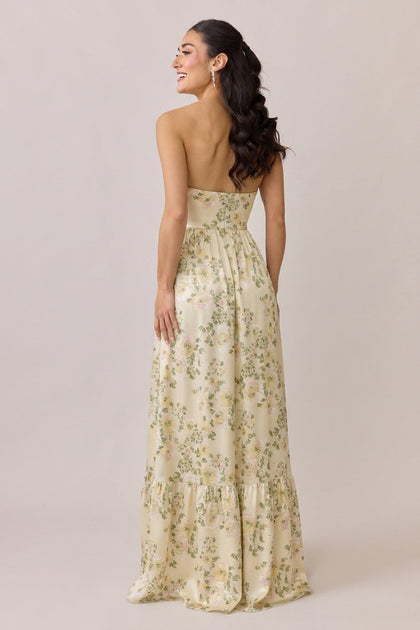 Valentina Satin Floral Print Dress | Made To Order | Pale Yellow Blossom