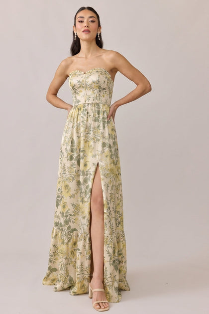 Valentina Satin Floral Print Dress | Made To Order | Pale Yellow Meadow Blooms