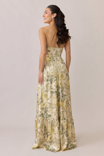 Valentina Satin Floral Print Dress | Made To Order | Pale Yellow Meadow Blooms