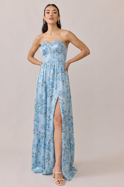 Valentina Satin Floral Print Dress | Made To Order | Sky Blue Blossom