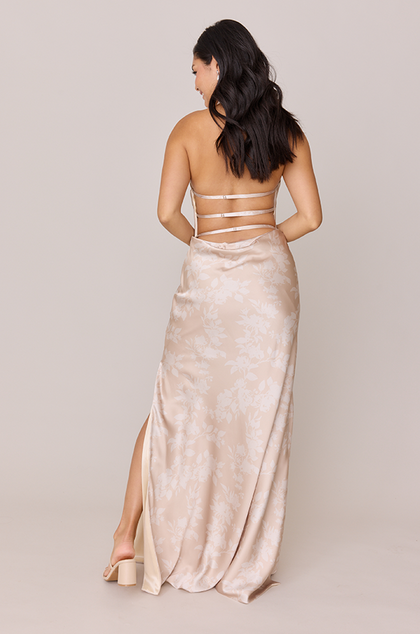 Veronica Satin Floral Print Dress | Made To Order | Gold Champagne Bouquet