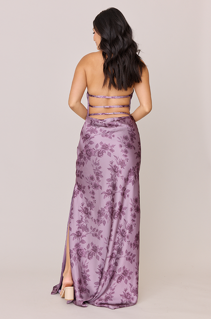 Veronica Satin Floral Print Dress | Made To Order | Lilac Bouquet