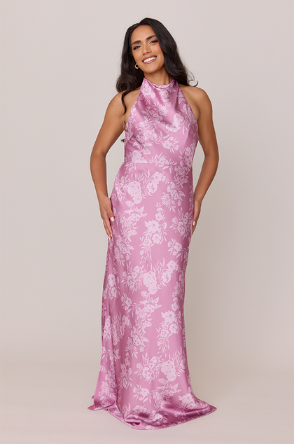 Veronica Satin Floral Print Dress | Made To Order | Mauve Pink Bouquet