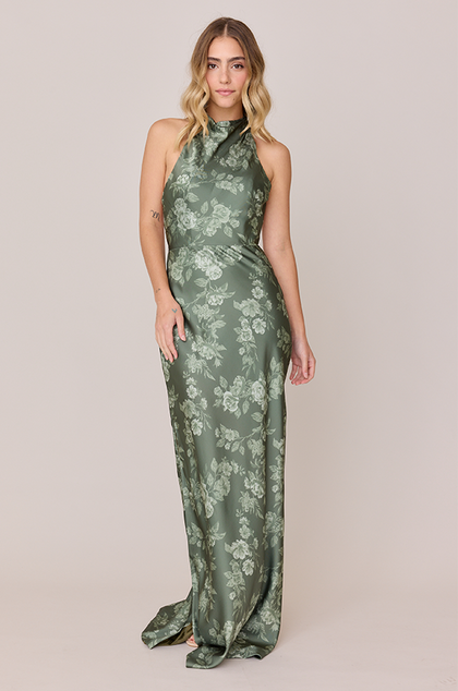 Veronica Satin Floral Print Dress | Made To Order | Olive Bouquet