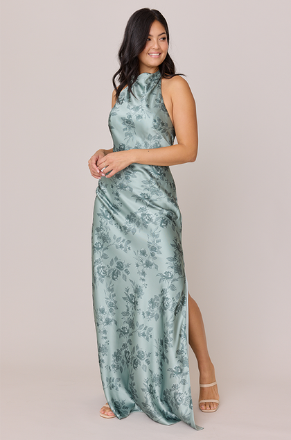 Veronica Satin Floral Print Dress | Made To Order | Sage Bouquet